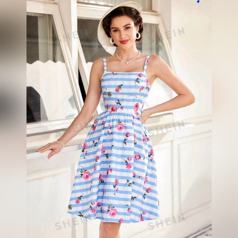 SHEIN DECDS Women'S Striped Flower Printed Cami Dress Size Medium